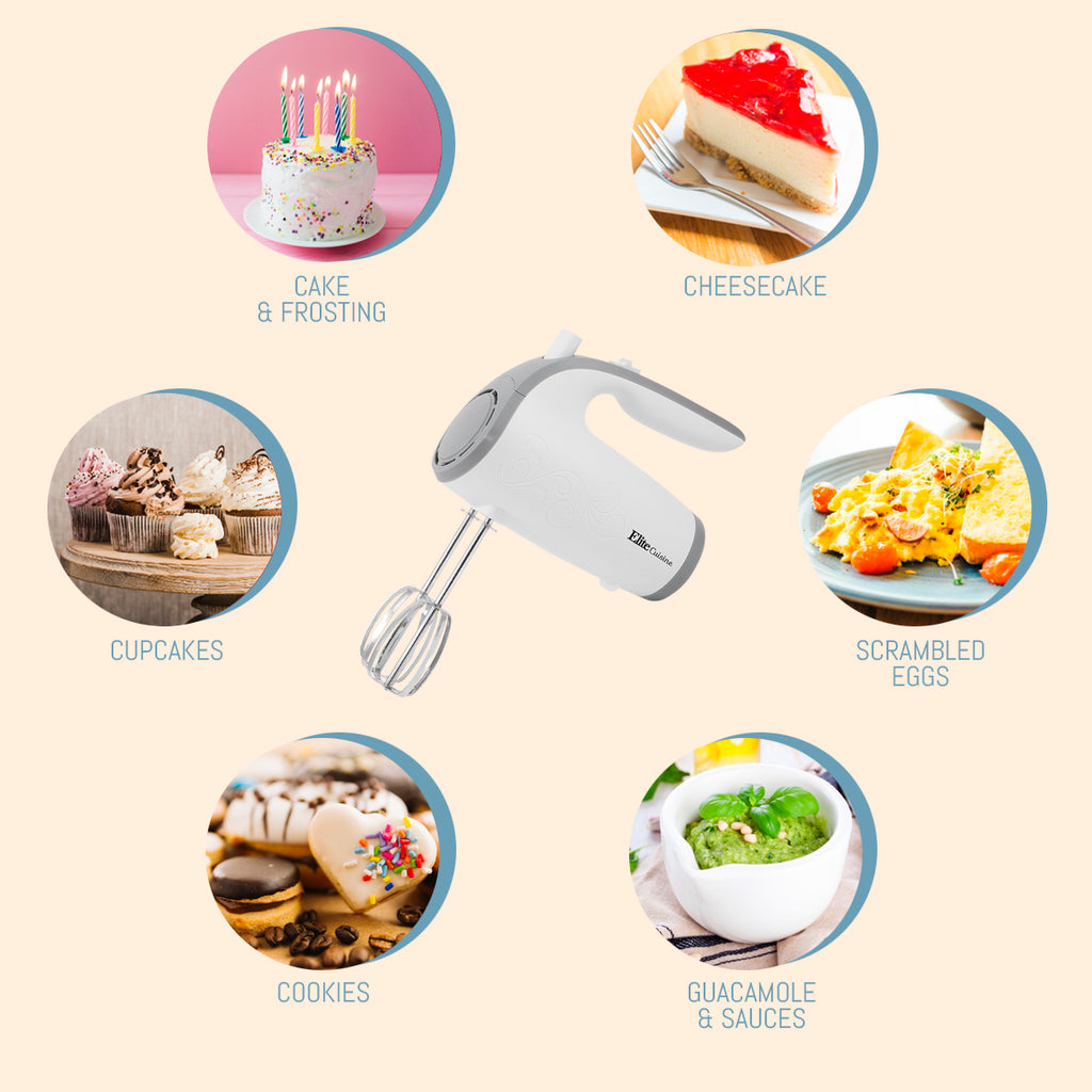 5 Speed Hand Mixer with Beater Storage is surrounded by desserts.