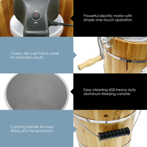 Powerful electric motor with simple one-touch operation.  Classic die-cast hand crank for extra firm results.  Easy cleaning 6Qt. heavy duty aluminum freezing canister.  Carrying handle for easy lifting and transportation.