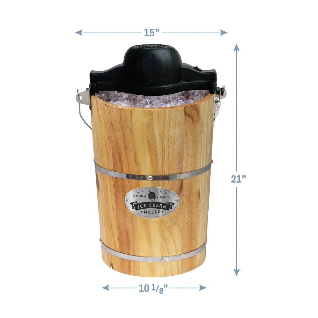 Dimensions of Ice Cream Maker.  15" Top Width, 21" Height, 10.8" Bottom Width.