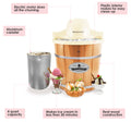 Ice Cream Maker parts : Electric motor does all the churning, Plastic interior makes for easy clean-up, Aluminum canister, Real wood construction, Makes ice cream in less than 30 minutes, 4 quart capacity.