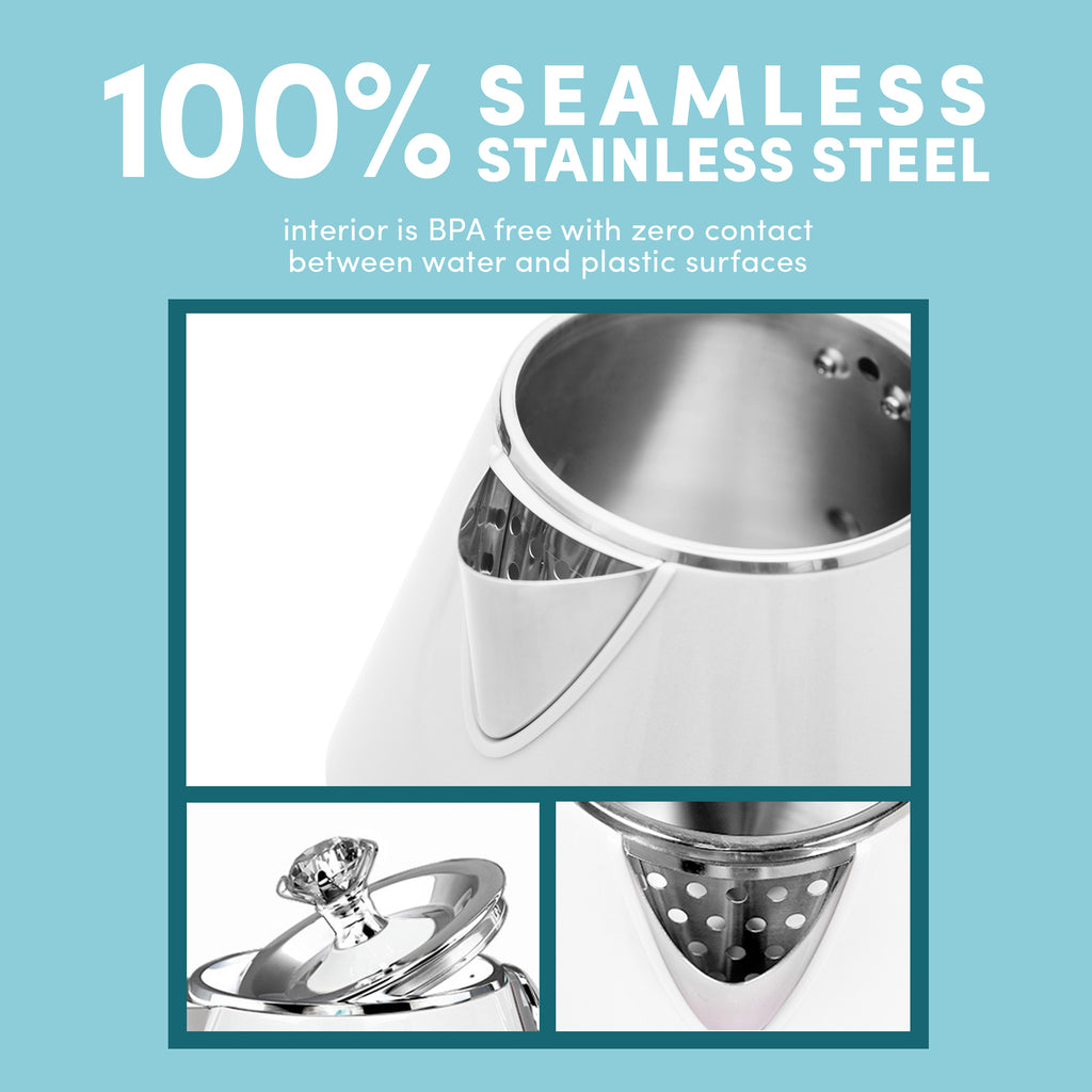 100% SEAMLESS STAINLESS STEEL. Interior is BPA free with zero contact between water and plastic surfaces. Parts of kettle 