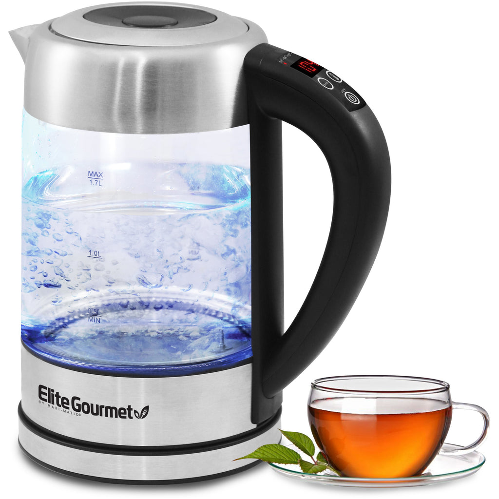 1.7L Glass Cordless Electric Programmable Water Kettle with a cup of tea.