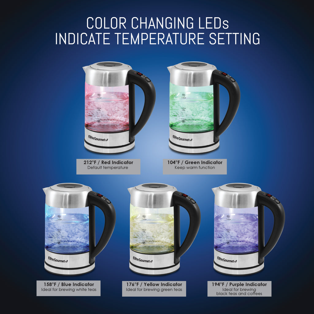 COLOR CHANGING LEDs INDICATE TEMPERATURE SETTING 212°F/ Red Indicator Default temperature 104°F / Green Indicator Keep warm function 158°F / Blue Indicator Ideal for brewing white teas 176°F/ Yellow Indicator Ideal for brewing green teas 194°F / Purple Indicator Ideal for brewing black teas and coffees
