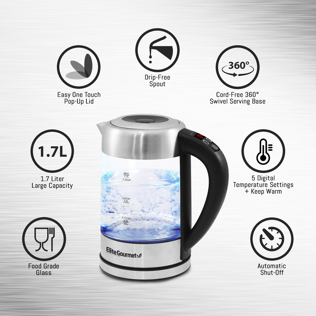 1500W 1.7 Liter One-Touch Electric Kettle Adjustable Temperature Settings  Black