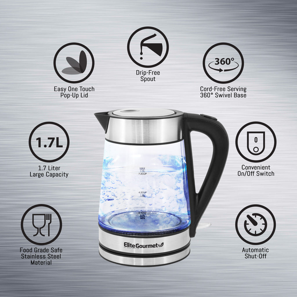 1L Electric BPA-Free Glass Kettle, Cordless 360°, Blue LED , Auto Shut –  Shop Elite Gourmet - Small Kitchen Appliances
