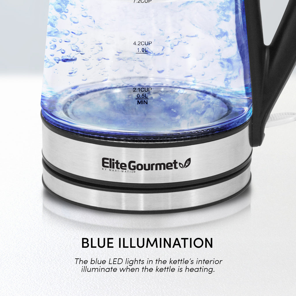 1L Electric BPA-Free Glass Kettle, Cordless 360°, Blue LED , Auto Shut –  Shop Elite Gourmet - Small Kitchen Appliances