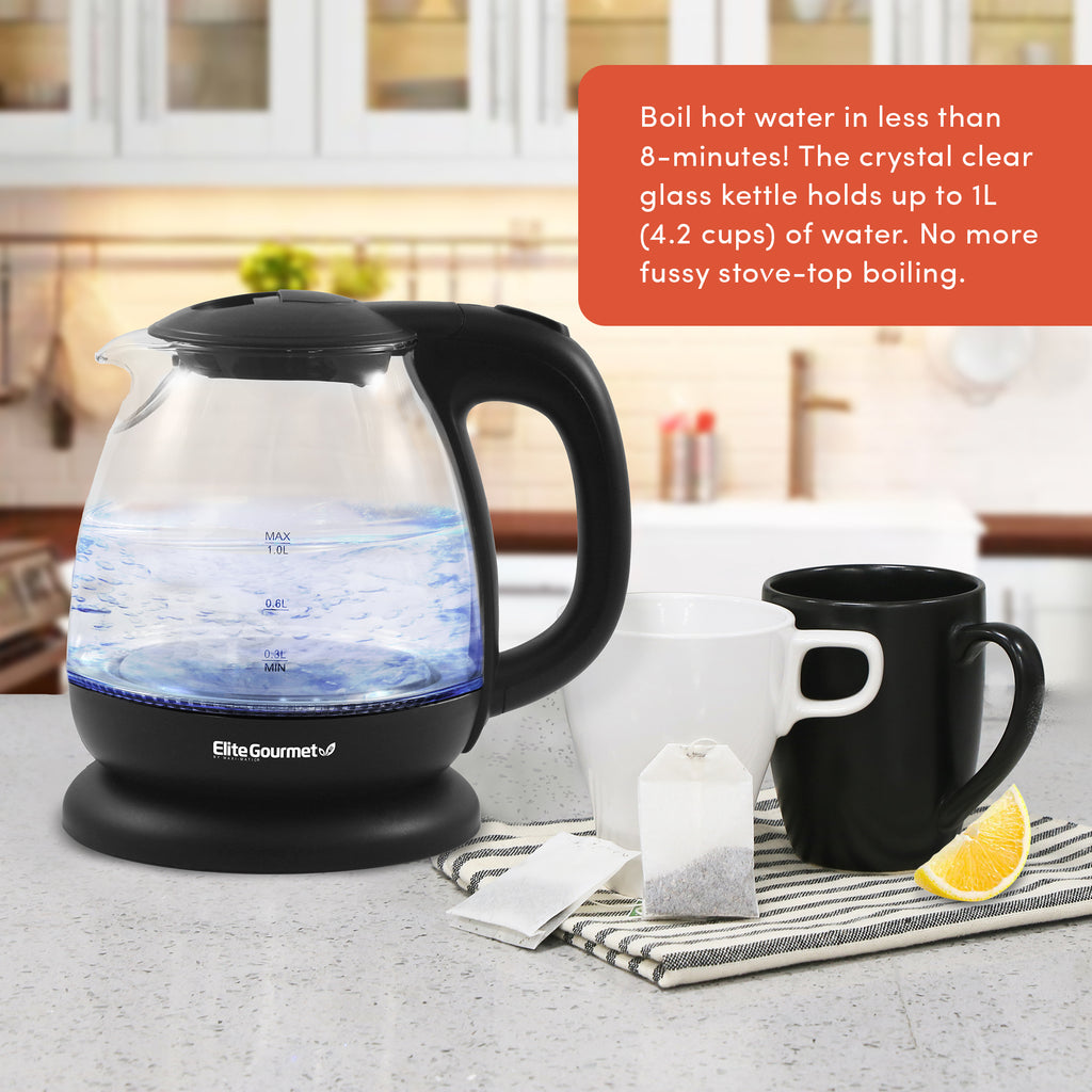 Boil hot water in less than 8-minutes! The crystal clear glass kettle holds up to 1L (4.2 cups) of water. No more fussy stove-top boiling.