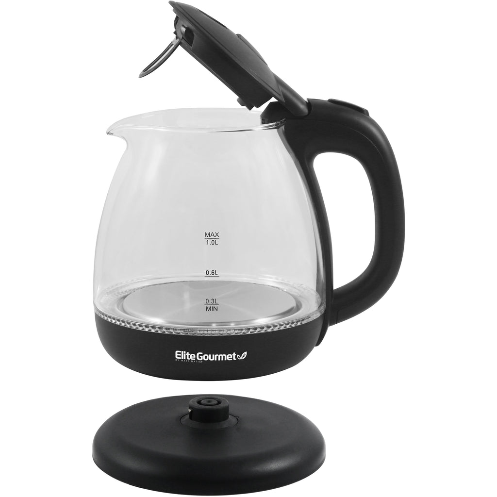 Showing Elite Gourmet Kettle with cord free serving feature.