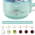 Temperature Control for Perfect Flavor Baby Formula 110°F Delicate Tea 160°F Green Tea 170°F OolongTea 190°F Coffee 200°F Black Tea/ Boil 212°F. Temperature knob. Various types of milk, coffee and tea