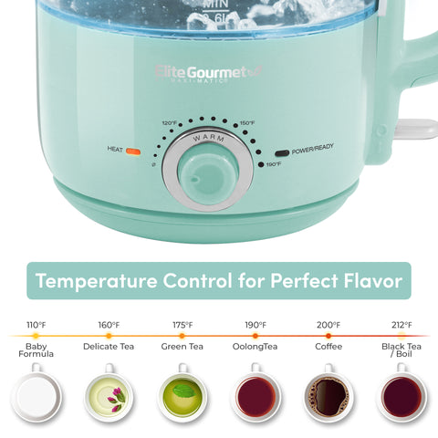 Temperature Control for Perfect Flavor Baby Formula 110°F Delicate Tea 160°F Green Tea 170°F OolongTea 190°F Coffee 200°F Black Tea/ Boil 212°F. Temperature knob. Various types of milk, coffee and tea