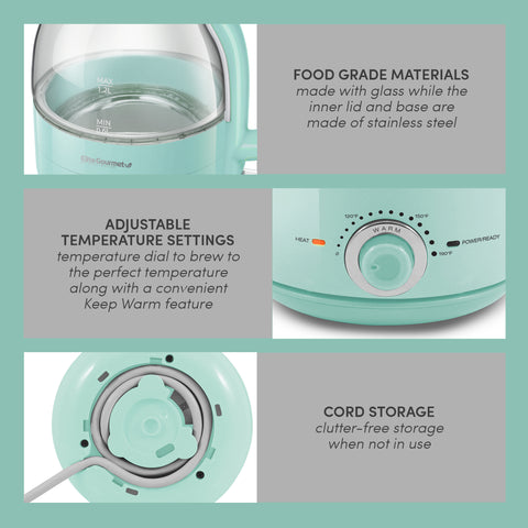 FOOD GRADE MATERIALS made with glass while the inner lid and base are made of stainless steel, Showing water level marker on glass of kettle. ADJUSTABLE TEMPERATURE SETTINGS temperature dial to brew to the perfect temperature along with a convenient Keep Warm feature. Showing temperature knob of kettle. CORD STORAGE clutter-free storage when not in use. Showing bottom of the kettle.