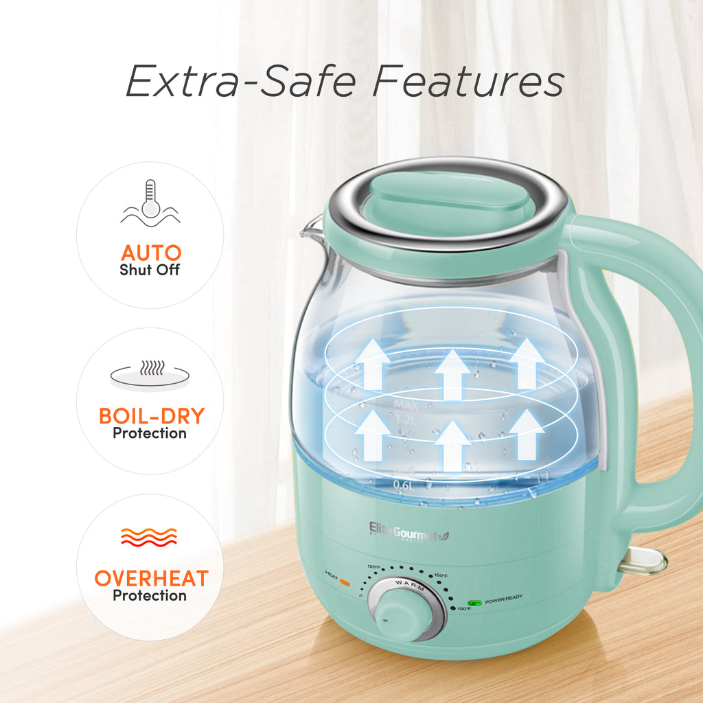 Extra-Safe Features AUTO Shut Off BOIL-DRY Protection OVERHEAT Protection. Image showing heat circling in the kettle