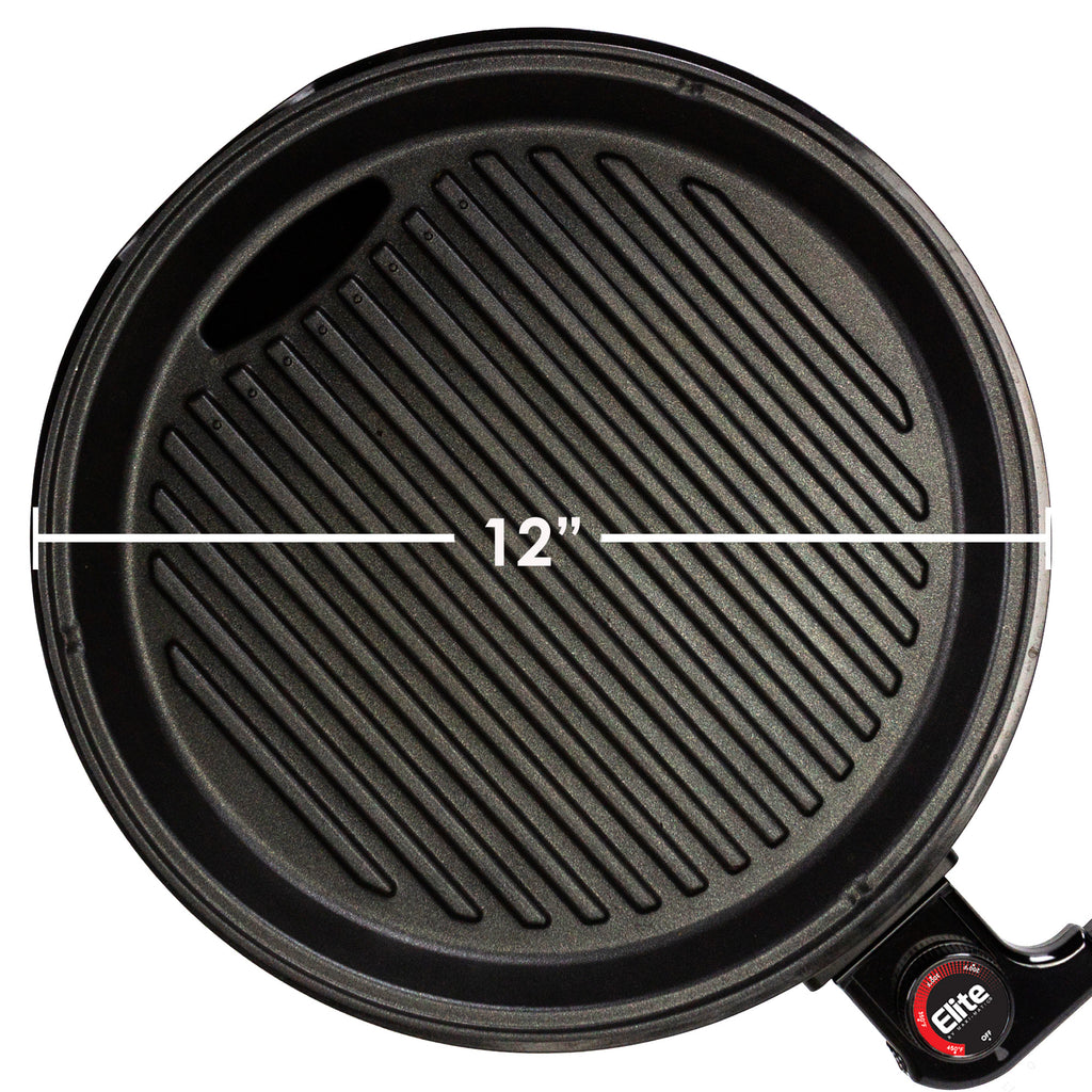 12" Diameter of Elite Gourmet stainless steel indoor grill
