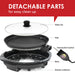 DETACHABLE PARTS for easy clean up. Glass Lid, Grill, Thermostat Control, Base, Grease collector.