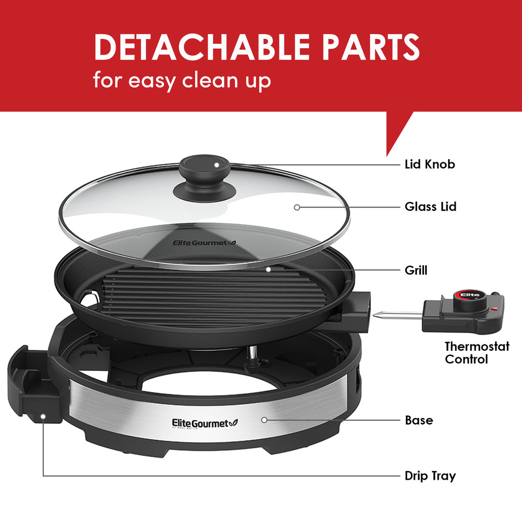 DETACHABLE PARTS for easy clean up. Lid Knob, Glass Lid, Grill, Thermostat Control, Base, Drip Tray.