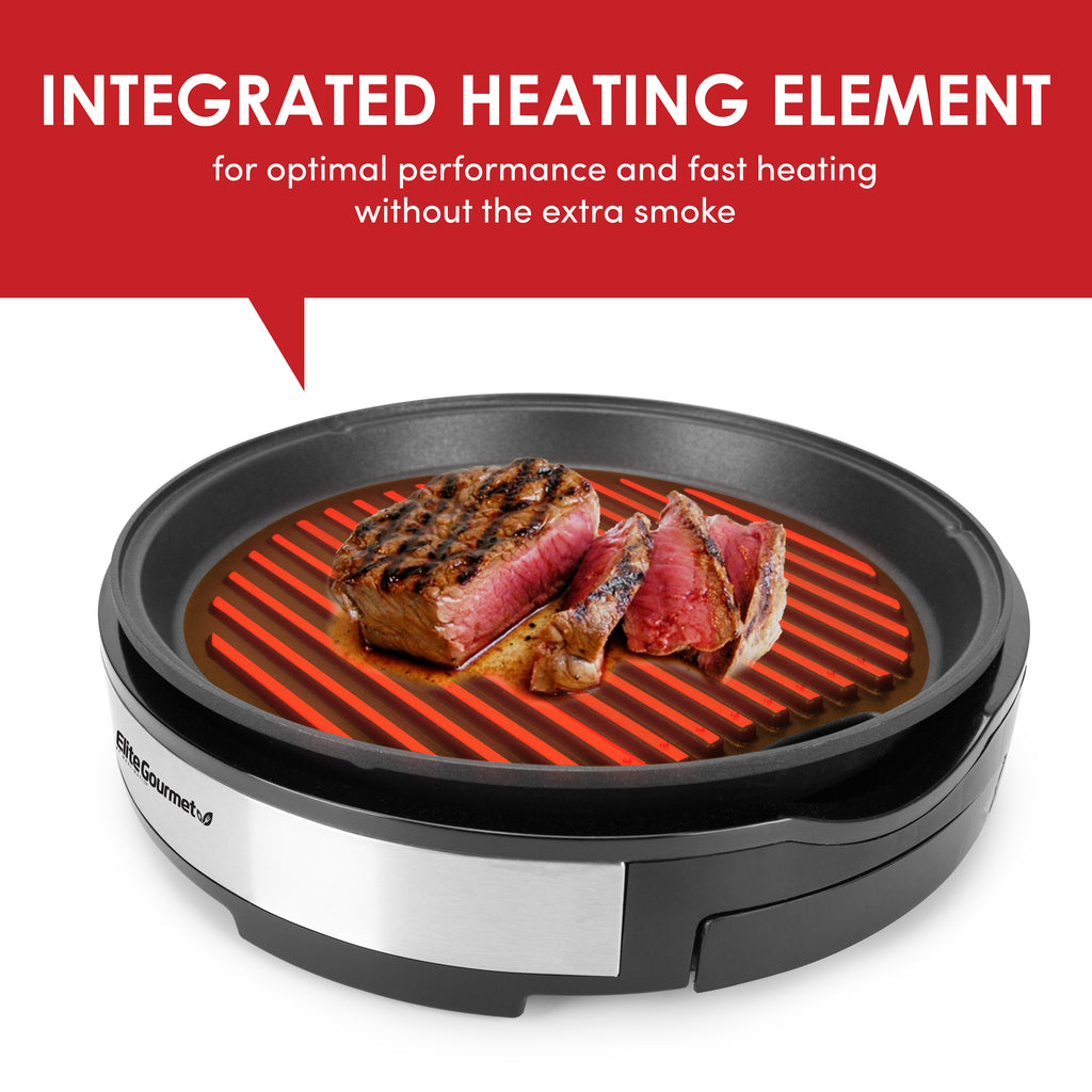 INTEGRATED HEATING ELEMENT for optimal performance and fast heating without the extra smoke. Heated surface of Elite Gourmet stainless steel grill surface with meat.
