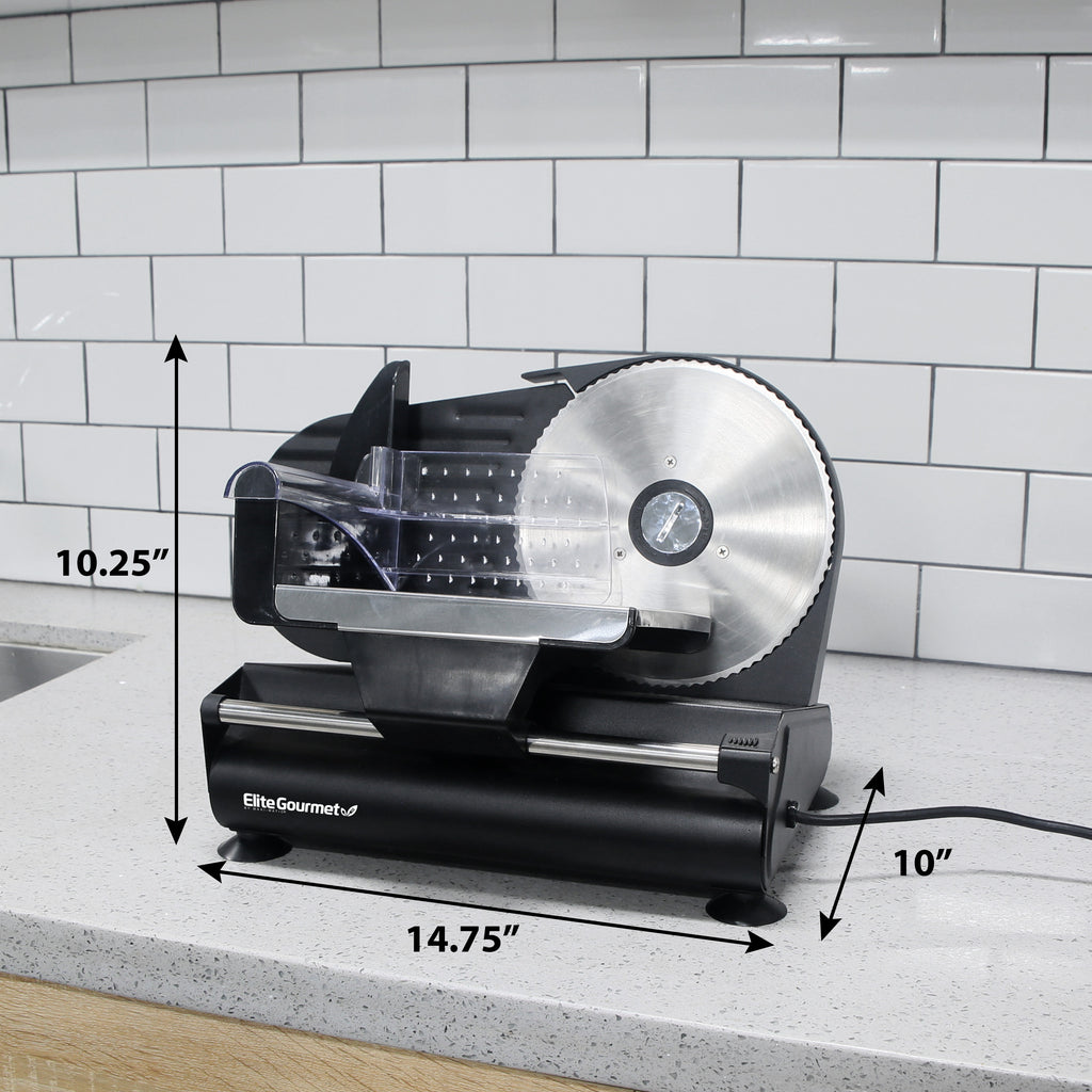 Dimensions of food slicer.  14.64" Width, 10" Length, 10.25" Height.