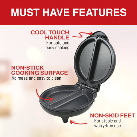 Must Have Features.  Cool Touch Handle for safe and easy cooking.  Non-Stick Cooking Surface, no mess and easy to clean.  Non-Skid Feet, for stable and worry-free use.