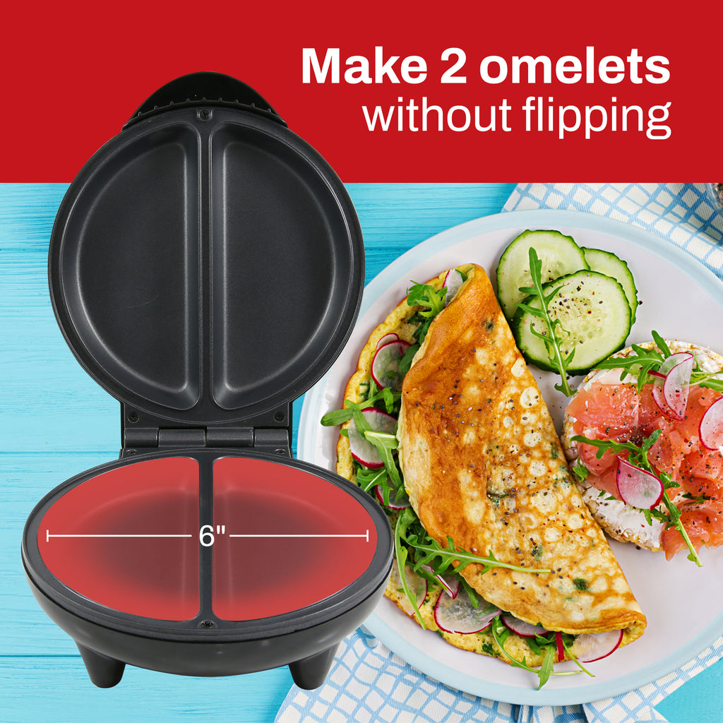 Make 2 Omelets without flipping.  6" Diameter cooking space.