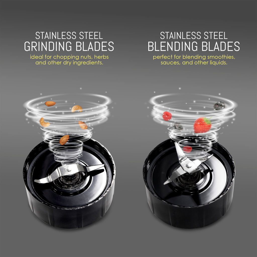 Showing Blades. STAINLESS STEEL GRINDING BLADES ideal for chopping nuts, herbs and other dry ingredients. STAINLESS STEEL BLENDING BLADES perfect for blending smoothies, sauces, and other liquids.