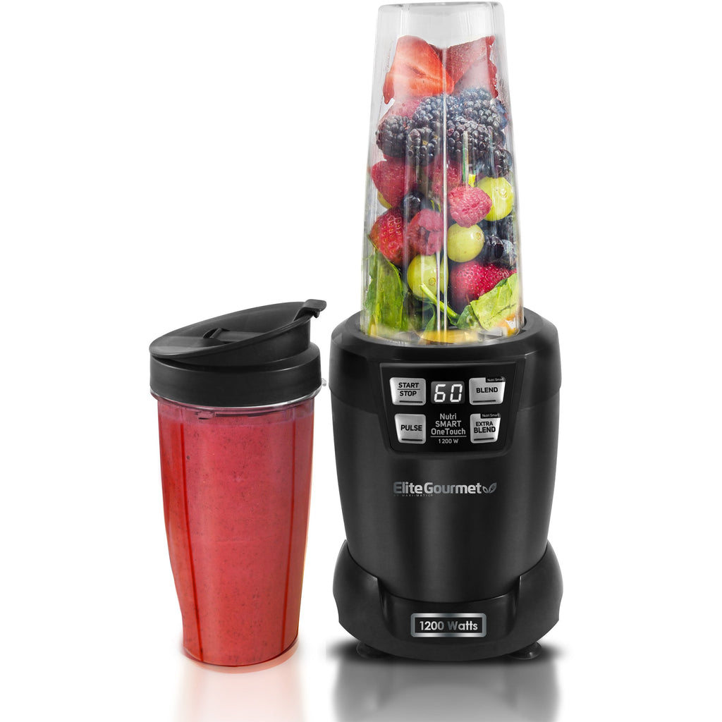 Hi-Q Nutri Smart Blender with 33oz and 27oz Drink Cups with cups filled with fruit and smoothie.