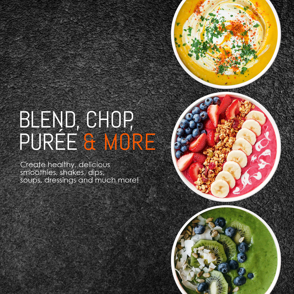 Blend, Chop, Puree & More.  Create healthy, delicious smoothies, shakes, dips, soups, dressings and much more!