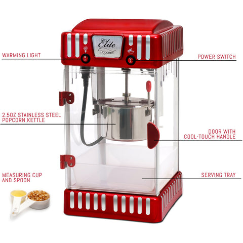 2.5 oz classic carnival tabletop kettle popcorn popper machine with Warming Light, Power Switch, 2.5oz stainless steel popcorn kettle, measuring cup & spoon, door with cool-touch handle, and serving tray.
