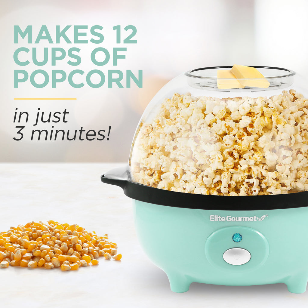 Elite Gourmet EPM330M Automatic Stirring Popcorn Maker Popper Electric Hot Oil Machine with Measuring Cap & Built-in Reversible Serving Bowl Great