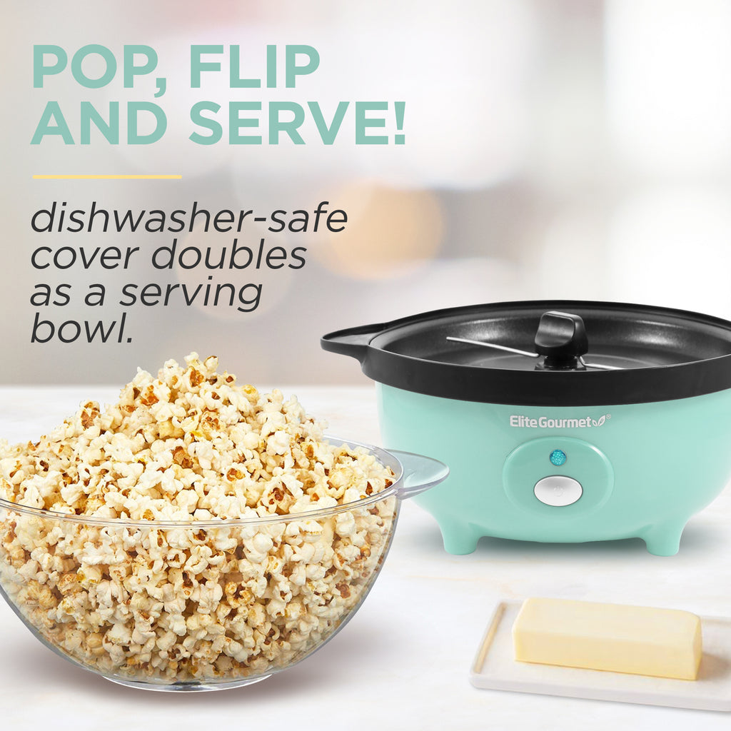 POP, FLIP AND SERVE! dishwasher-safe cover doubles as a serving bowl.