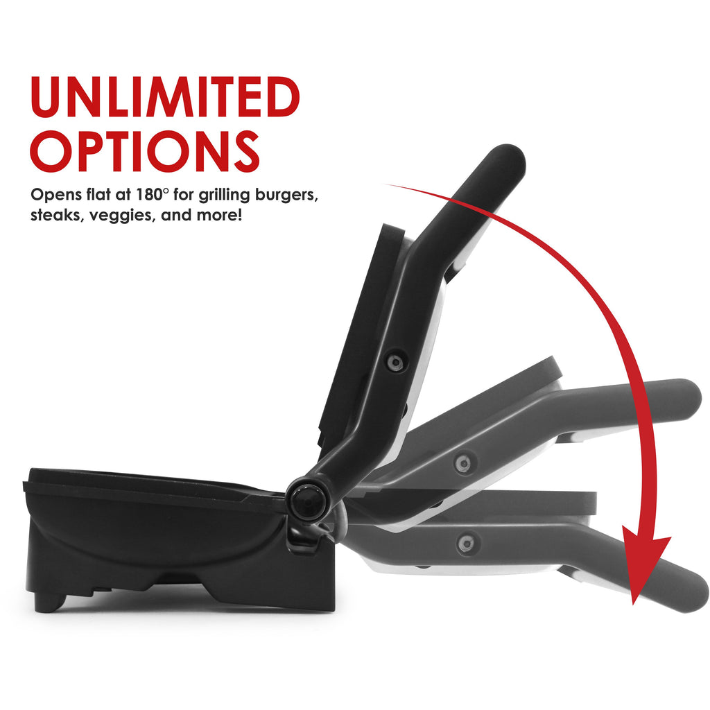 Unlimited Options opens flat at 180-degrees for grilling burgers, steaks, veggies and more! Graphic showing grill opening flat.
