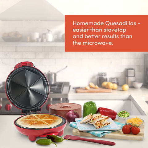 Homemade Quesadillas - easier than stovetop and better results than the microwave.  Quesadilla Maker set on kitchen counter next to various ingredients to make quesadillas.