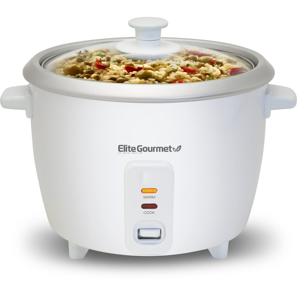 6-Cup Rice Cooker with cooked rice inside pot.