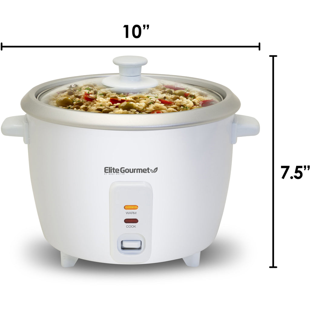 Dimensions of rice cooker.  10" Diameter, 7.5" Height.