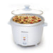 6-Cup Rice Cooker with cooked rice inside pot.  And glass lid lifted up..