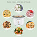 A variety of cooked rice, stews, pastas and porridges surrounds the rice cooker.  Easily cooks a variety of foods.