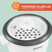 Tempered glass lid with steam vent and cool-touch knob.