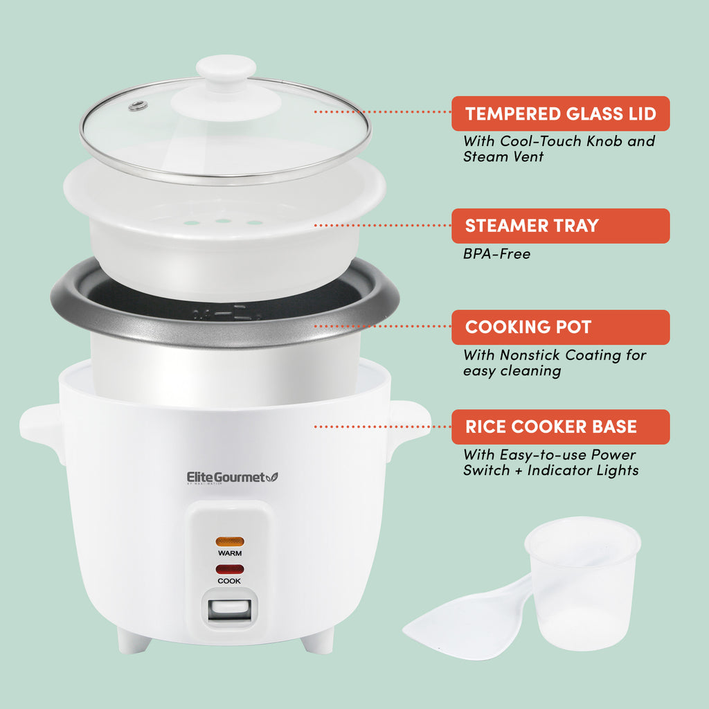 Tempered glass lid with cool-touch knob and steam vent.  Steamer Tray BPA-Free.  Cooking Pot with Nonstick coating for easy cleaning.  Rice cooker base with easy-to-use power switch + indicator lights.