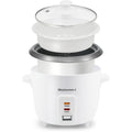 Parts & accessories displayed separately.  Glass lid, steamer basket, rice pot, main rice cooker.