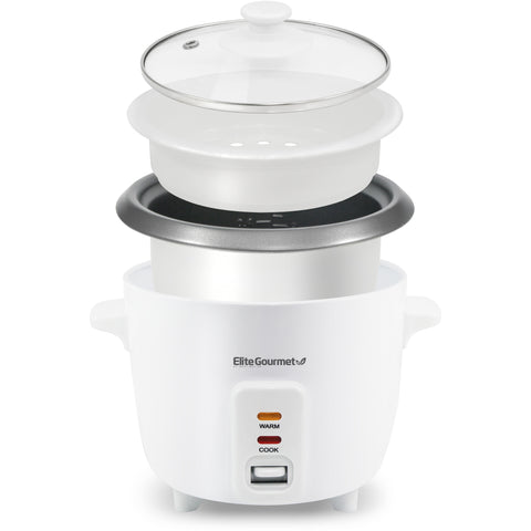 Parts & accessories displayed separately.  Glass lid, steamer basket, rice pot, main rice cooker.