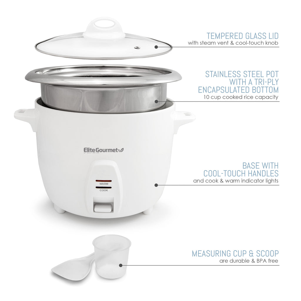 Elite Gourmet 10-Cup Rice Cooker with Stainless Steel Cooking Pot
