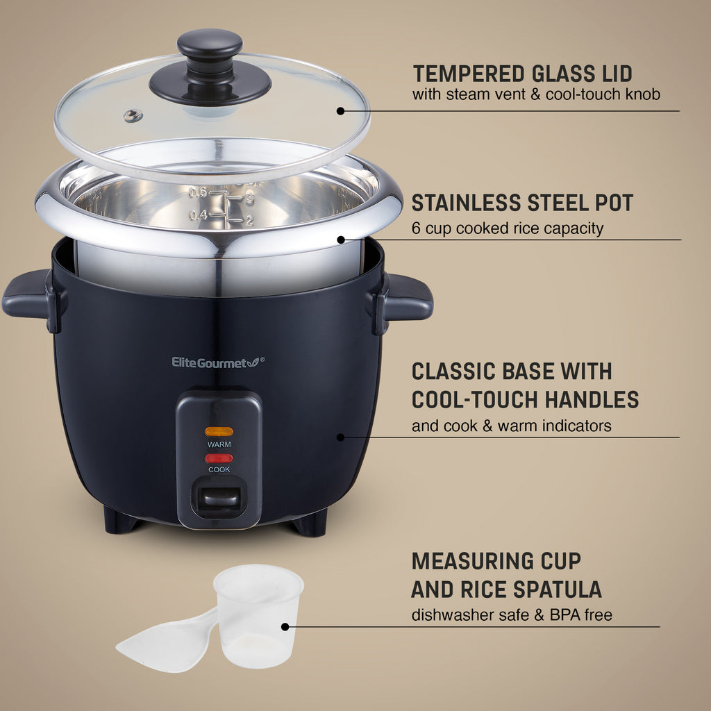 Tempered Glass Lid with steam vent & cool-touch knob.  Stainless steel pot 6 cup cooked rice capacity.  Classic base with cool-touch handles and cook & warm indicators.  Measuring Cup and Rice Spatula dishwasher safe & BPA free.