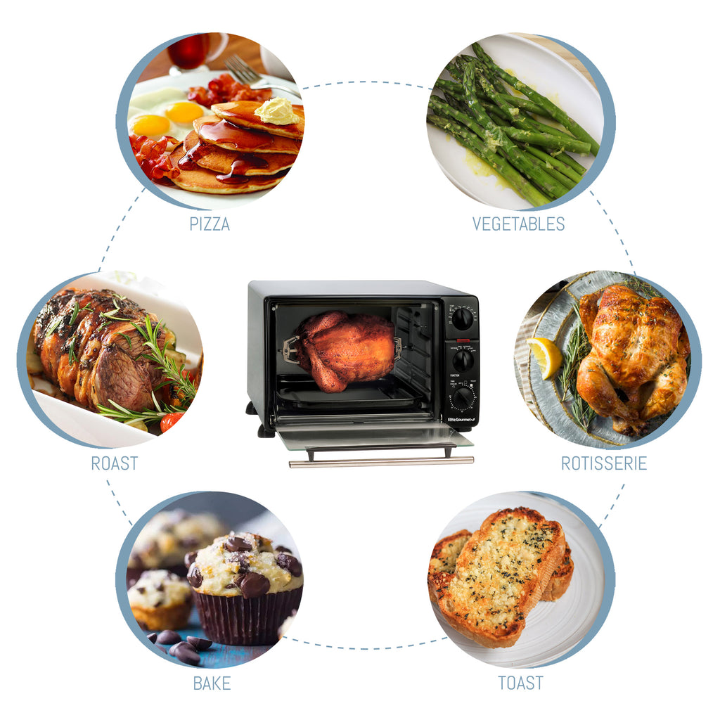 Various cooked foods display around the toaster oven. Pizza, roast, bake, toast, rotisserie, vegetables.