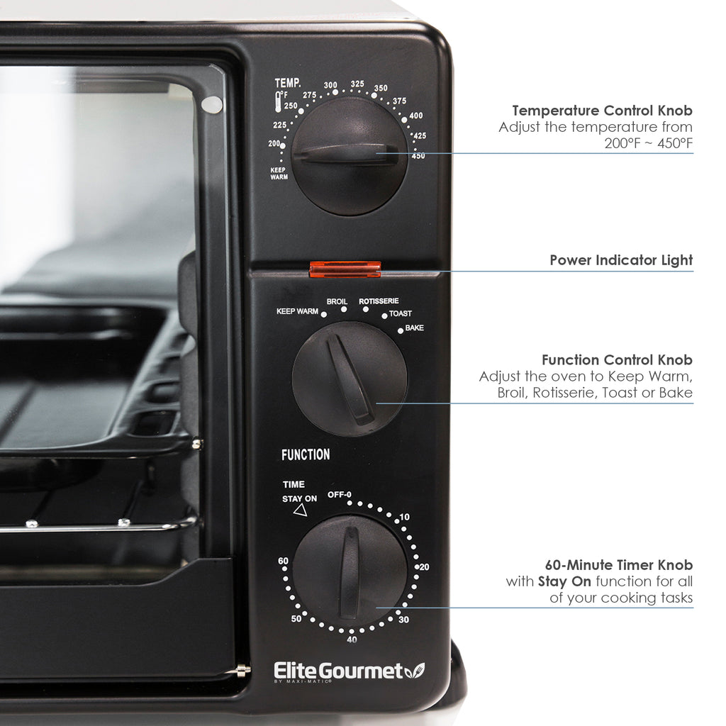 Close up of the control panel. Temperature Control Knob adjust the temperature from 200F to 450F. Power Indicator Light. Function Control Knob adjust the oven to Keep Warm, Broil, Rotisserie, Toast or Bake. 60-minute Timer Knob with Stay On function for all of your cooking tasks.