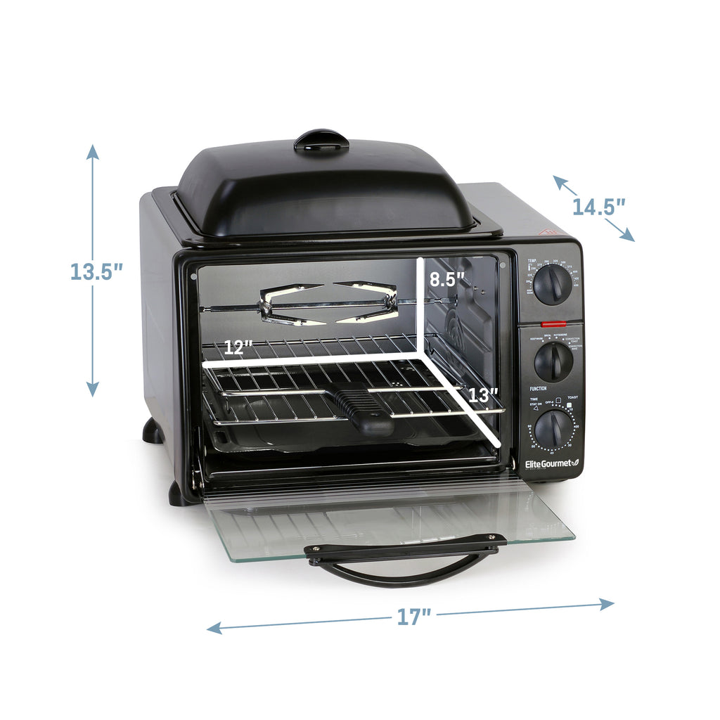 Toaster oven dimensions: 13.5"H x 17"L x 14.5"W. Interior dimensions: 8.5"H x 12"L x 13"W.