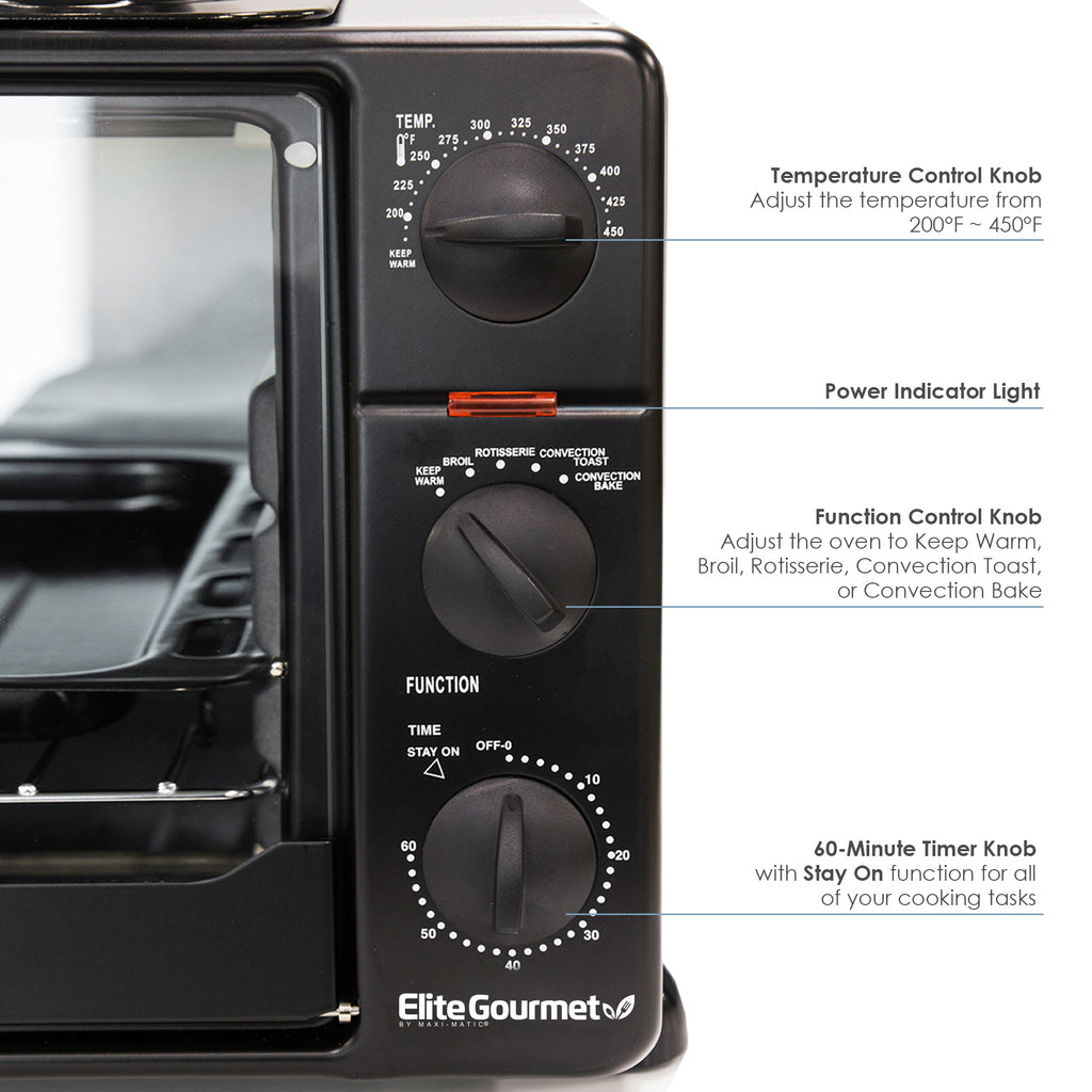 Close up of the control panel. Temperature Control Knob adjust the temperature from 200F~450F. Power Indicator Light. Function Control Knob adjust the oven to Keep Warm, Broil, Rotisserie, Convection Toast, or Convection Bake. 60-Minute Timer Knob with Stay On function for all of your cooking tasks.