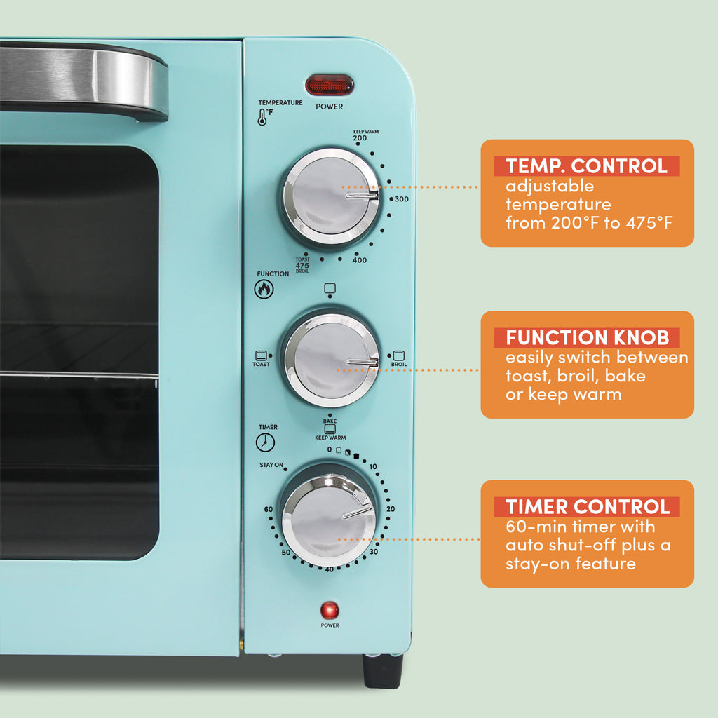 Temp. control, adjustable temperature from 200F to 475F.  Function Knob easily switch between toast, broil, bake or keep warm.  Timer Control 60-min timer with auto shut-off plus a stay-on feature.