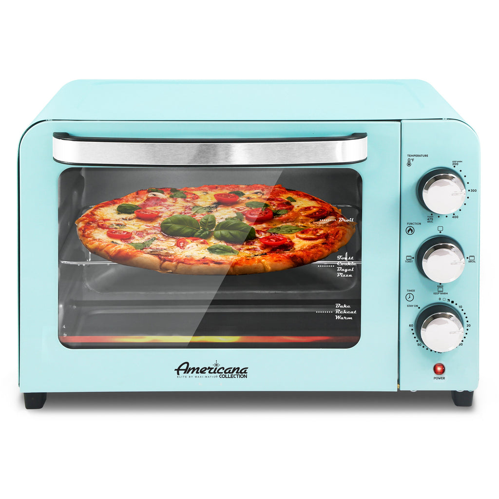 Mint blue 6 Slice Retro Toaster Oven with baked pizza inside.