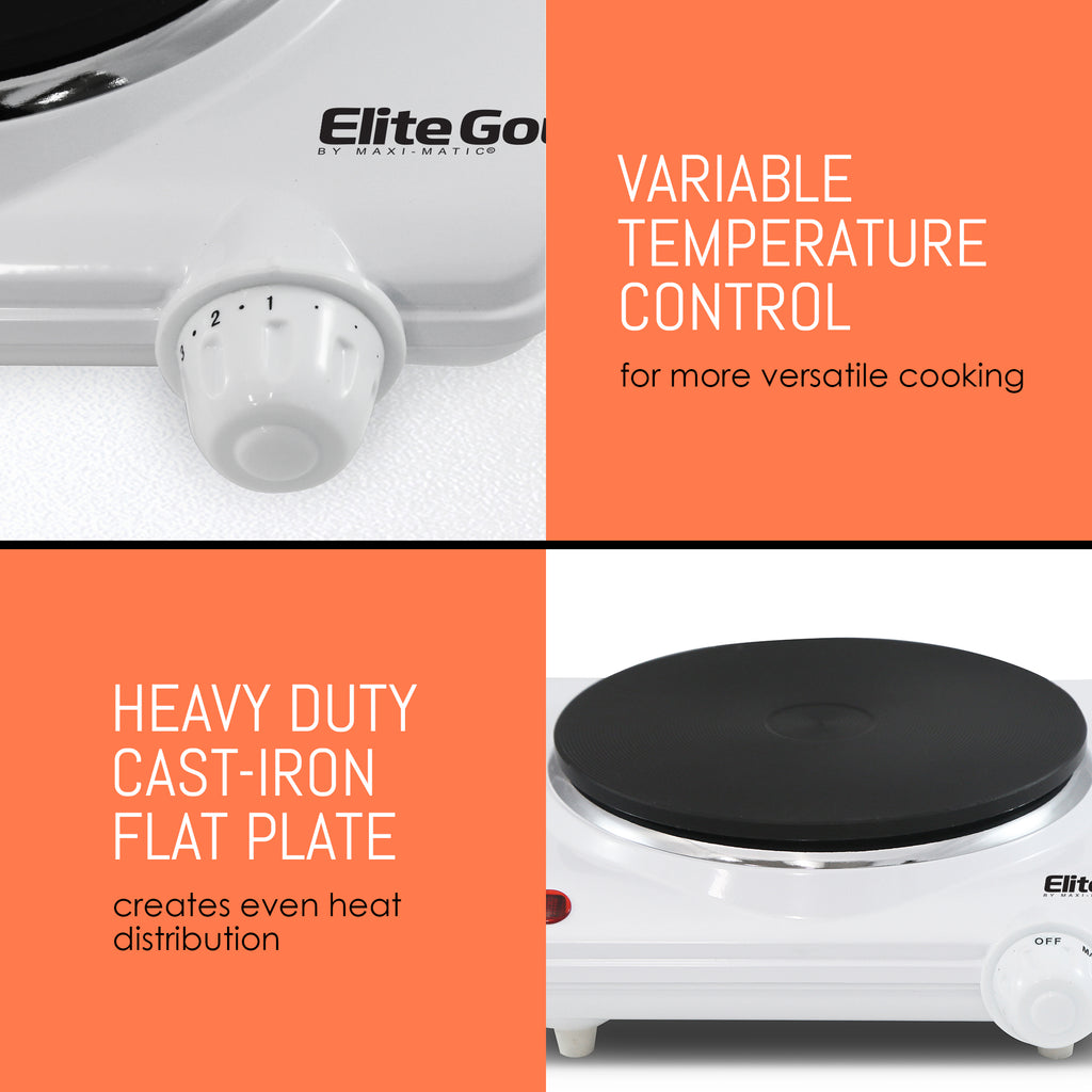 Variable temperature control for more versatile cooking.  Heavy duty cast-iron flat plate creates even heat distribution.