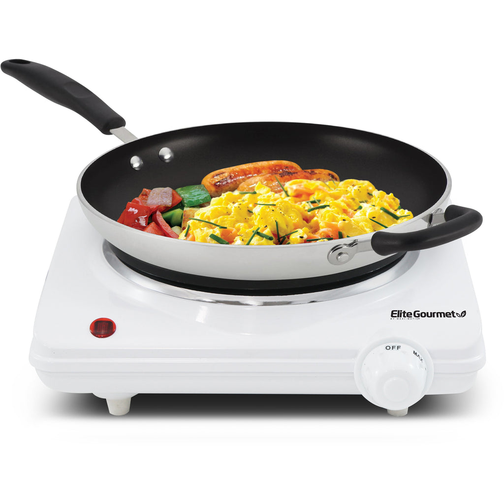 Countertop Single Electric Flat Burner with Fry Pan cooking Scrambled Eggs and sausages.