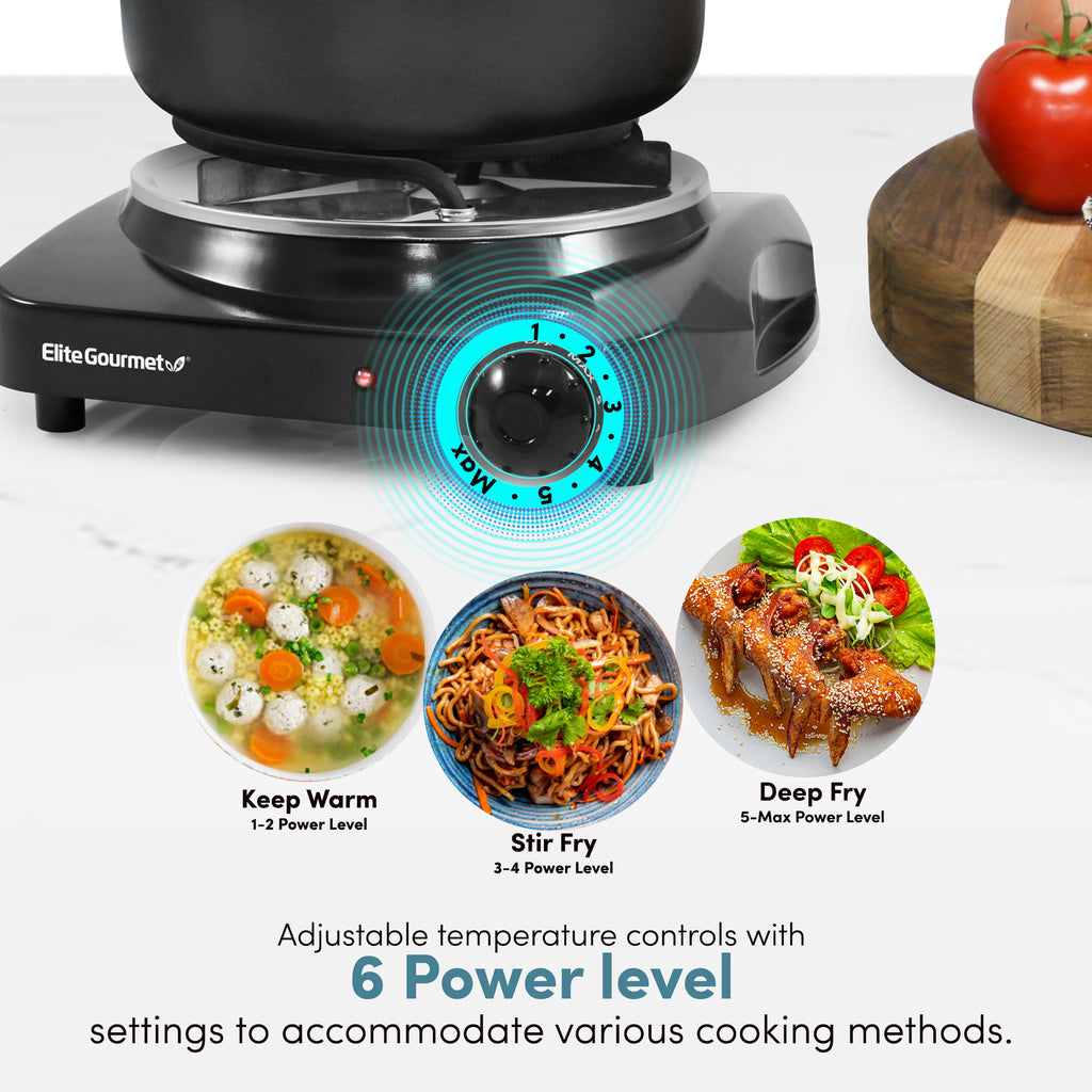 Adjustable temperature controls with 6 Power Level settings to accommodate various cooking methods.  Keep Warm 1-2 Power Level, Stir Fry 3-4 Power Level, Deep Fry 5-Max Power Level.